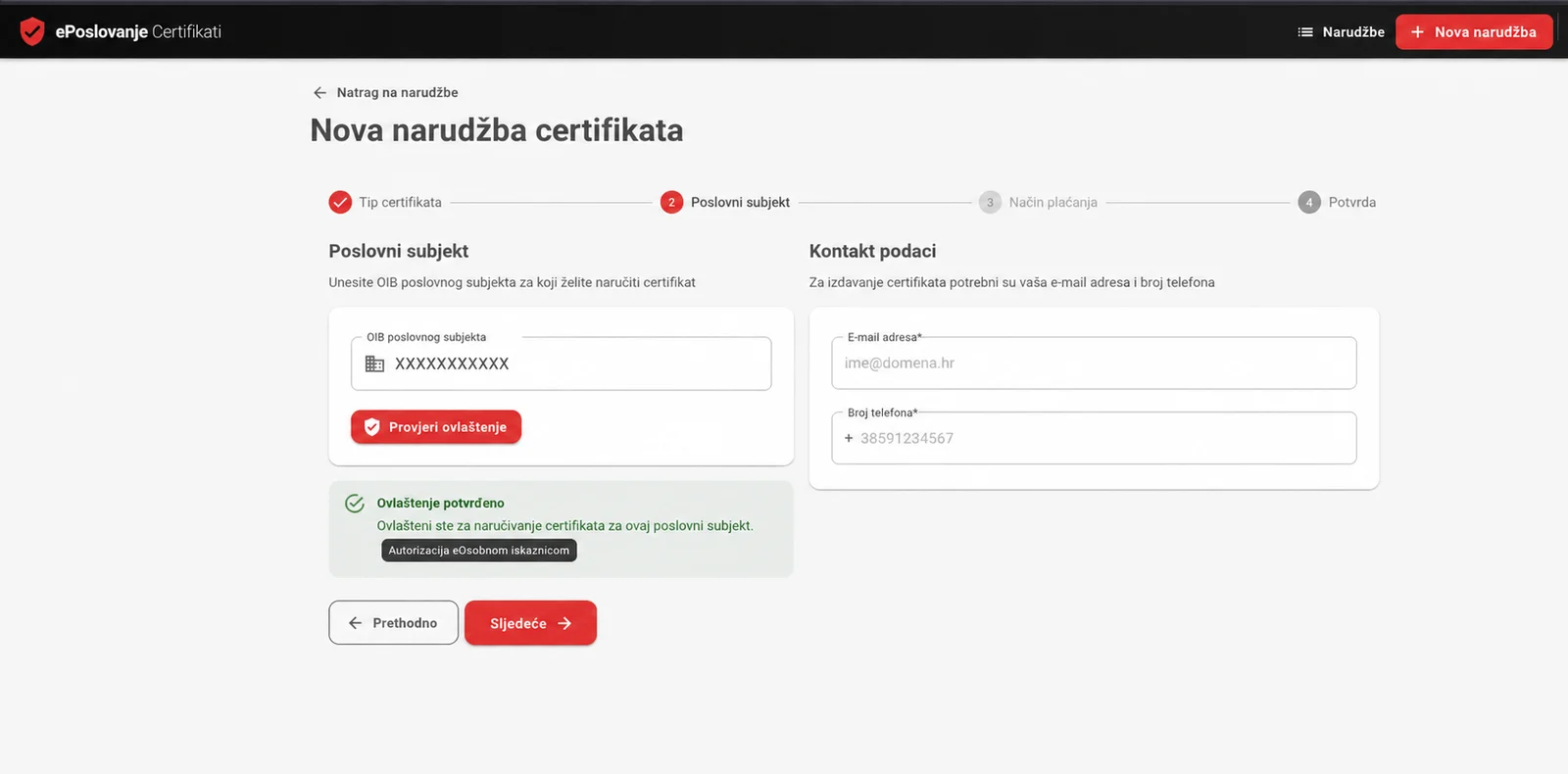 Unos OIB-a poslovnog subjekta, provjera ovlaštenja i kontaktni podatci