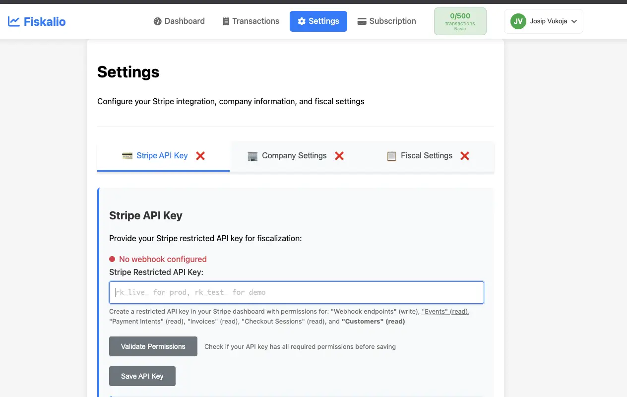 Fiskalio Settings — unos i validacija Stripe API ključa
